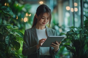 Fototapeta premium A woman wearing a black jacket and white shirt is looking at a tablet. Generative AI