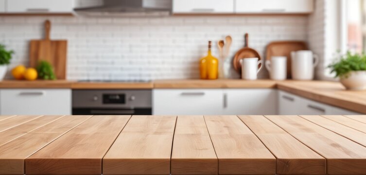 blurred interior kitchen with wooden table, utensils, and furniture in a stylish home