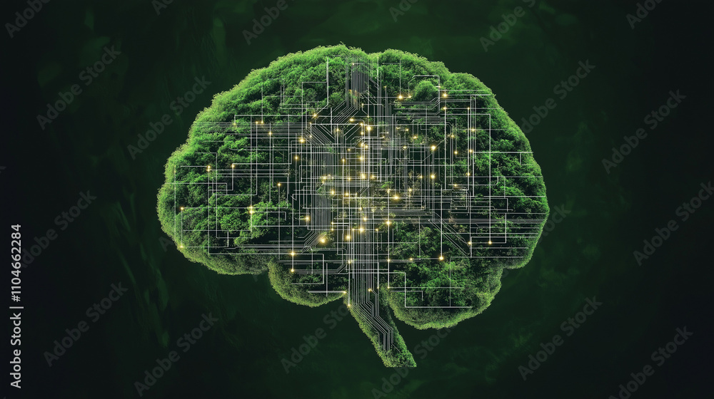 Poster the green brain: a stylized image of a brain, overgrown with green foliage and illuminated by a netw