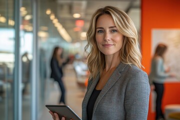 A woman is standing in a room with a tablet in her hand. Generative AI
