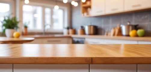 A blurred modern kitchen interior with a table, furniture, and sink, featuring a stylish design and contemporary decor in a spacious home with wooden accents, windows