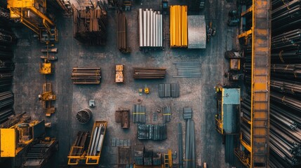 A bird-eye view of an industrial warehouse with metal pipes and construction materials organized for transport.