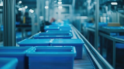 A busy manufacturing facility with blue plastic containers moving steadily on the conveyor belt, capturing the pulse of modern, automated production.