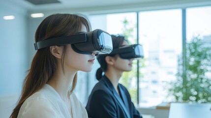 Two women wearing virtual reality goggles are sitting in a room. Generative AI