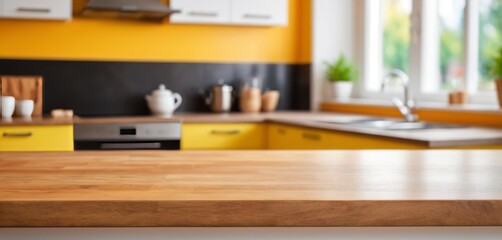 blurred modern kitchen interior with colorful wall, sleek furniture, wooden accents, and a dining table near a large glass window in a stylish home