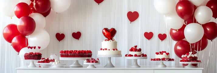  Festive Valentine's setting with a creative arrangement of heart-shaped balloons, red and white details, and a decorative cake on a table, designed for a photo studio backdrop. 