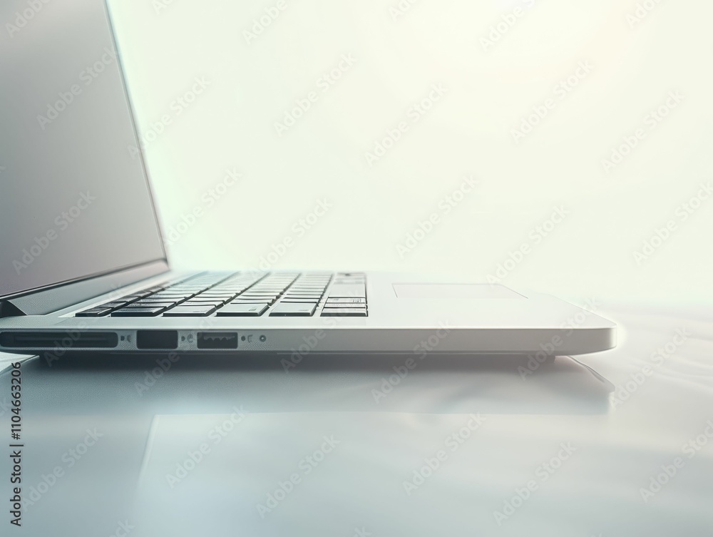 Poster a sleek laptop stands on a smooth surface, showcasing its modern design and minimalistic style in a 