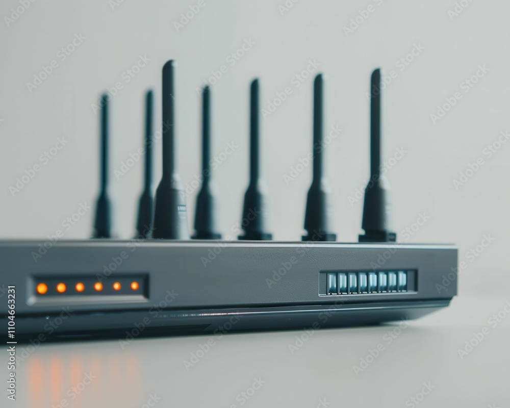 Poster a sleek router with multiple antennas displayed on a clean surface, showing status lights indicating