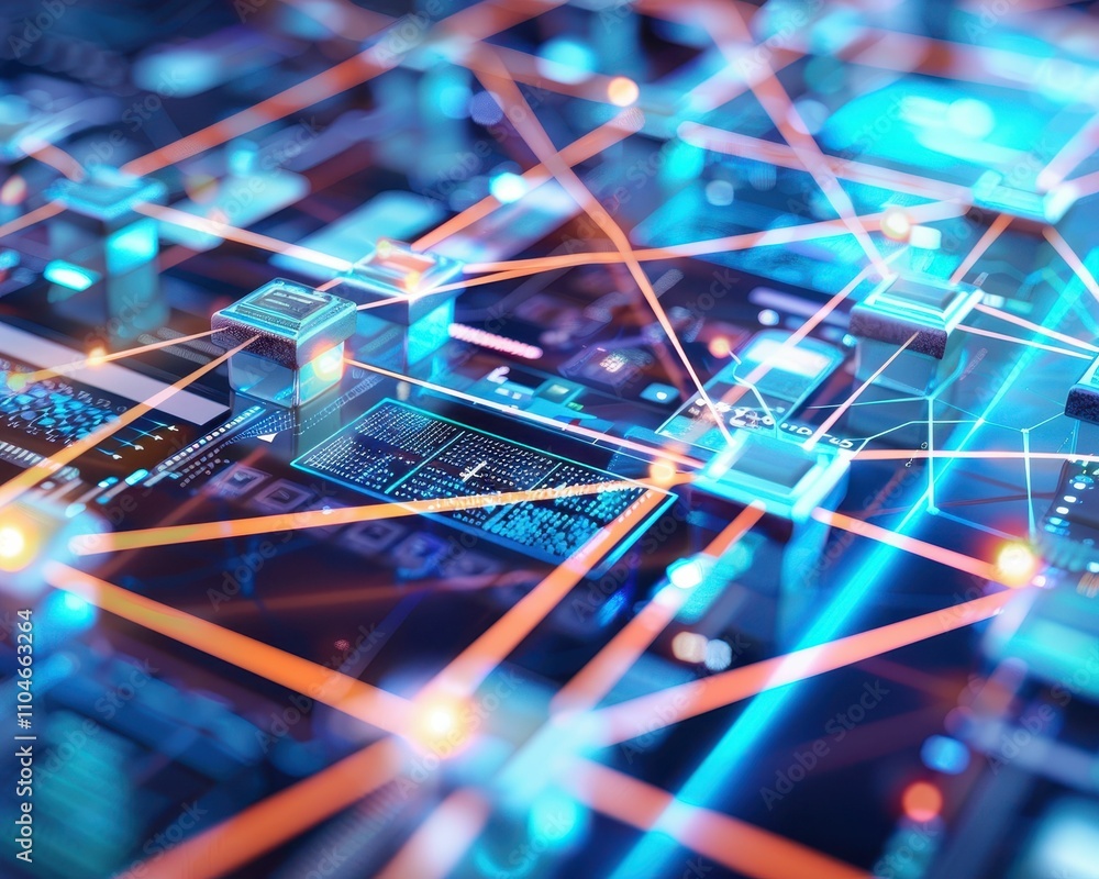 Poster a vibrant digital network connecting circuits and nodes, showcasing technology and innovation in a m