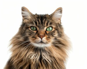 Fototapeta premium A close-up of a fluffy, tabby cat with striking green eyes and a majestic fur coat against a white background.