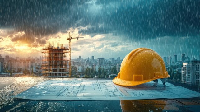 A hard hat and wet architectural plans are framed by rain, capturing the energy of urban construction amidst a bustling city under a cloudy sky.