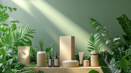 Eco-friendly packaging mockup, surrounded by greenery, creative natural theme, 3D illustration. ideal for showcasing packaging design and branding concepts