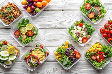 Assorted healthy meal prepped in plastic containers on white wood.