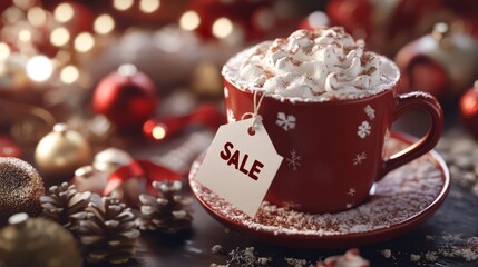 Hot cocoa with sale tag, cozy winter background, holiday ambiance, 3D illustration, Template for cozy winter design
