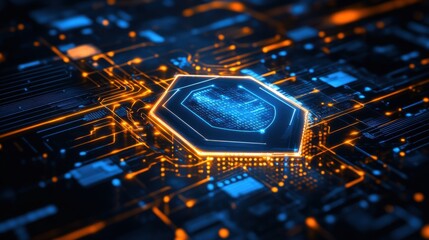 Digital Security Concept with Shield Icon and Circuitry Background Representing Cyber Protection and Advanced Technology Innovations