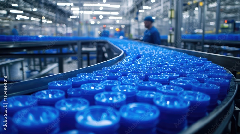 Aufkleber a stream of blue plastic containers glides smoothly on a conveyor belt, emphasizing the high efficie
