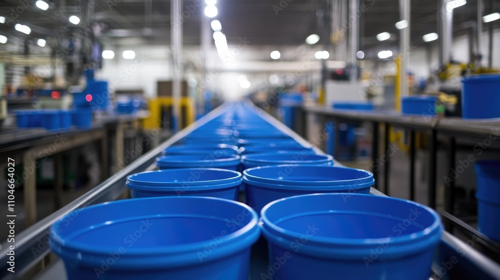 Poster A stream of blue plastic containers glides smoothly on a conveyor belt, emphasizing the high efficiency of automated production in a bustling factory.