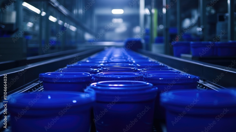 Aufkleber a stream of blue plastic containers glides smoothly on a conveyor belt, emphasizing the high efficie