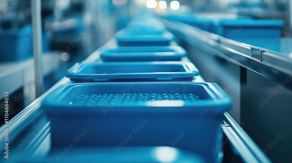 Aufkleber a stream of blue plastic containers glides smoothly on a conveyor belt, emphasizing the high efficie
