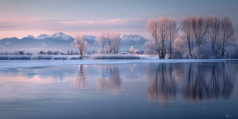 Fototapeta premium A serene capture of the frozen landscape, surrounding trees, and distant Julian Alps.