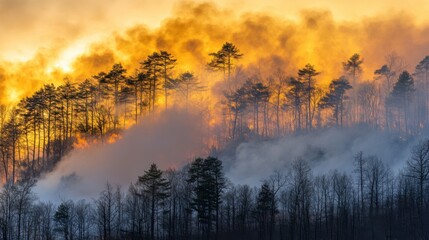 Dramatic Forest Fire at Sunset with Billowing Smoke and Illuminated Tree Silhouettes Highlighting the Dangerous Effects of Wildfires on Nature's Landscape
