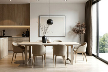 Stylish dining area with minimalist design elements including an elegant table, contemporary chairs and sophisticated decor.