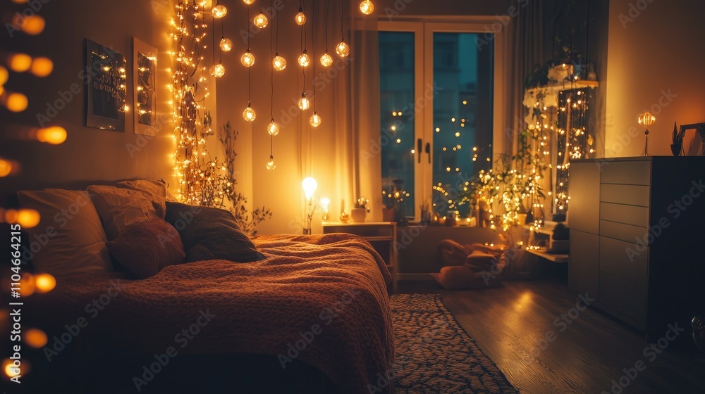 Poster a warm, cozy room illuminated by an edison bulb and surrounded by glowing string lights for ambiance