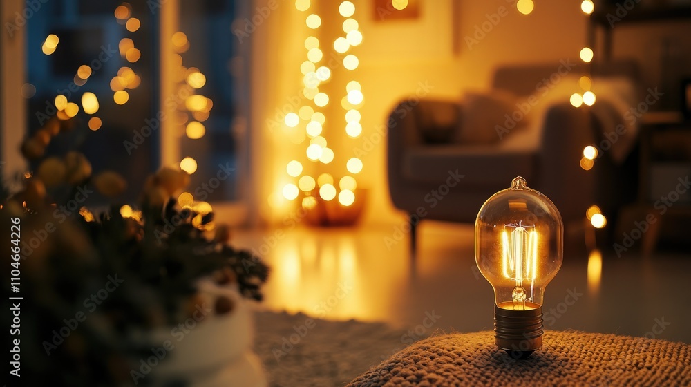Poster a warm, cozy room illuminated by an edison bulb and surrounded by glowing string lights for ambiance