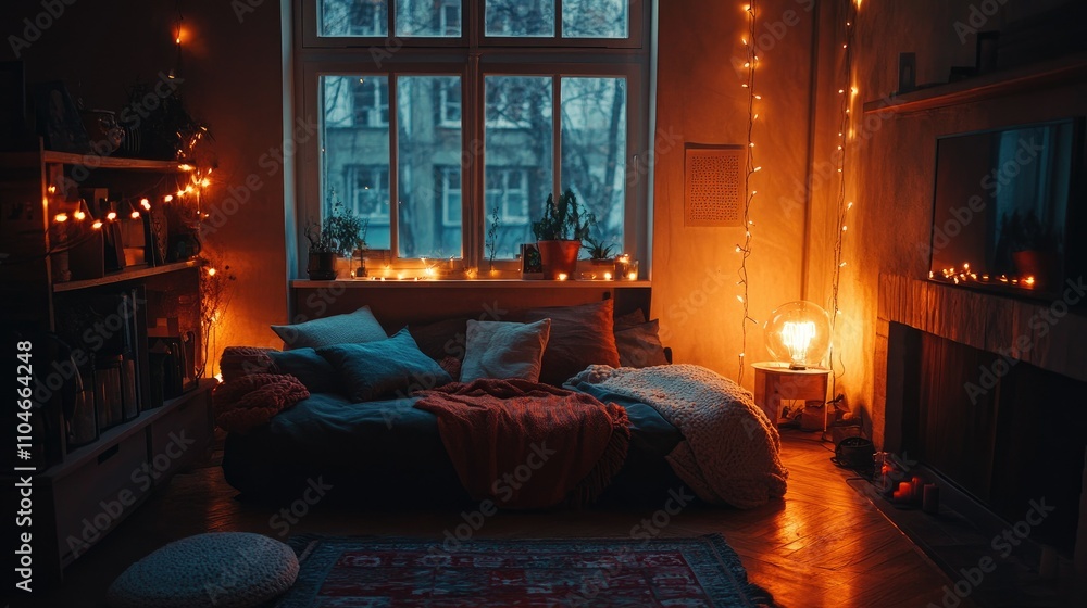 Poster a warm, cozy room illuminated by an edison bulb and surrounded by glowing string lights for ambiance