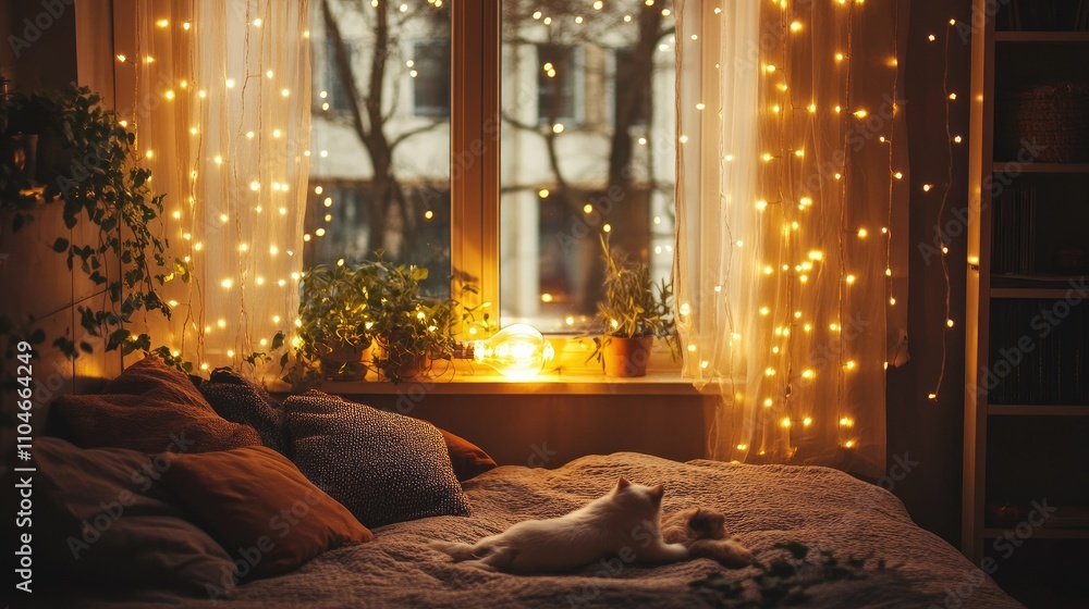 Poster a warm, cozy room illuminated by an edison bulb and surrounded by glowing string lights for ambiance