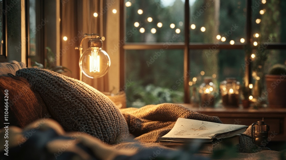 Poster A warm Edison bulb casting a gentle glow in a cozy setting, with string lights adding to the ambiance.