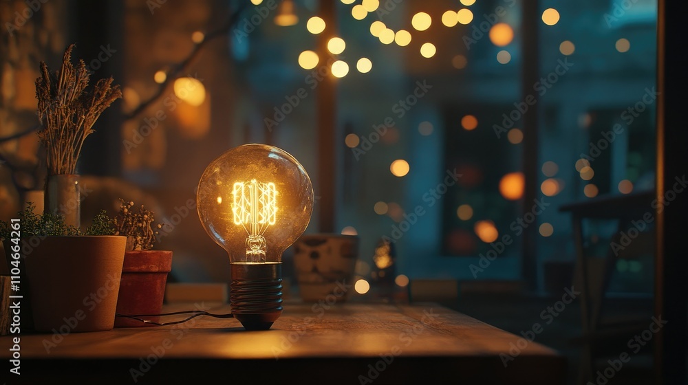 Poster A warm Edison bulb casting a gentle glow in a cozy setting, with string lights adding to the ambiance.