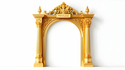 Naklejka premium A 3D rendering of a golden archway with ornate detailing, classical columns, and a Privilege sign. It represents luxury, wealth, and exclusive access.