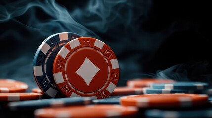 Chips stacked on a table with smoke in the background, evoking a gambling atmosphere.