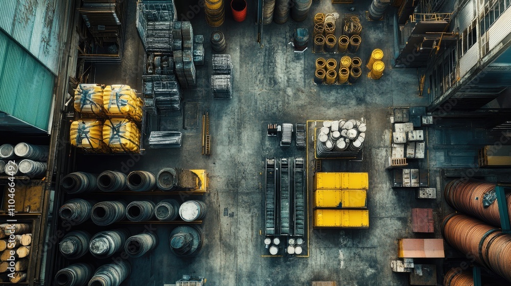 Poster a wide overhead view of an industrial space with neatly stacked metal pipes and materials, conveying