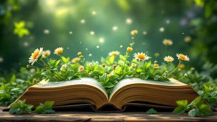 An open antique book with vibrant flowers and lush green leaves sprouting from its pages, bathed in warm sunlight. A serene nature scene.