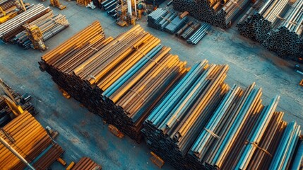 Aerial view of a large industrial warehouse storing metal pipes, stacked neatly on the floor.
