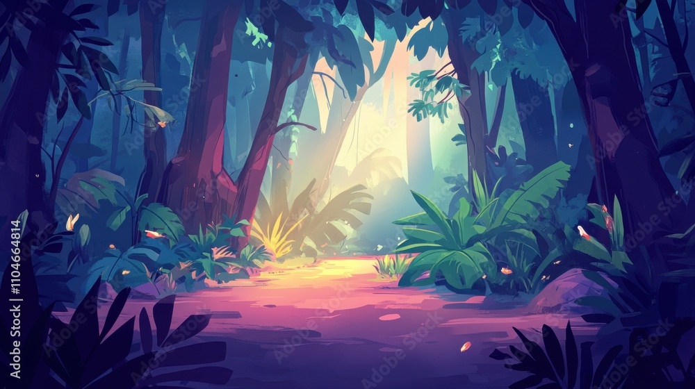 Aufkleber lush tropical forest path illuminated by soft sunlight filtering through dense foliage, creating a s