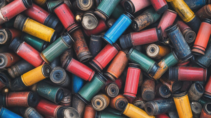 Colorful shotgun cartridges scattered on surface, showcasing variety
