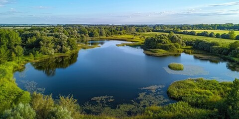Breathtaking view of a lake surrounded by trees and grass-covered meadow