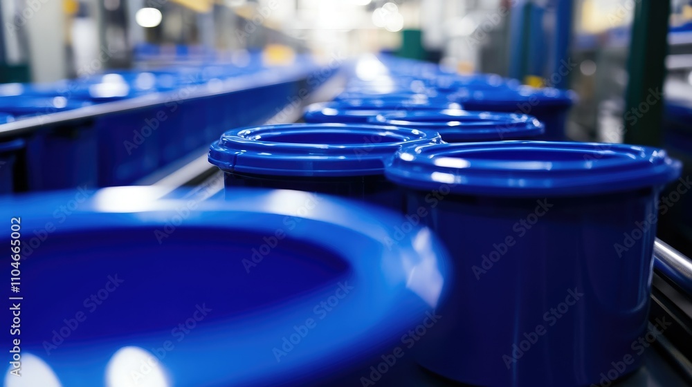 Poster blue plastic containers move seamlessly along a conveyor belt in a busy manufacturing facility, show