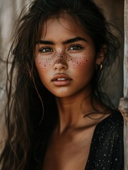 Fototapeta premium Close-up portrait of a young woman with long flowing hair and freckles, standing outdoors by wooden textures