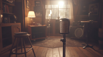 vintage microphone in cozy studio setting with warm lighting