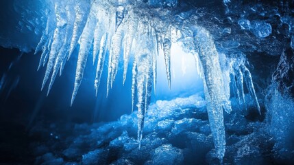 Stunning Ice Formations with Glowing Blue Light Capturing the Beauty of Winter in a Cave Highlighting Nature's Unique Frost Patterns and Crystal Structures