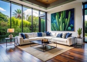 Fototapeta premium Elegant Living Room Design with L-Shaped Sofa, Dark Blue Accents, and Natural Light from Floor-to-Ceiling Windows