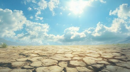 Cracked earth stretches beneath a brilliant blue sky, with gentle clouds and golden light highlighting the resilience of life amidst the harsh terrain.