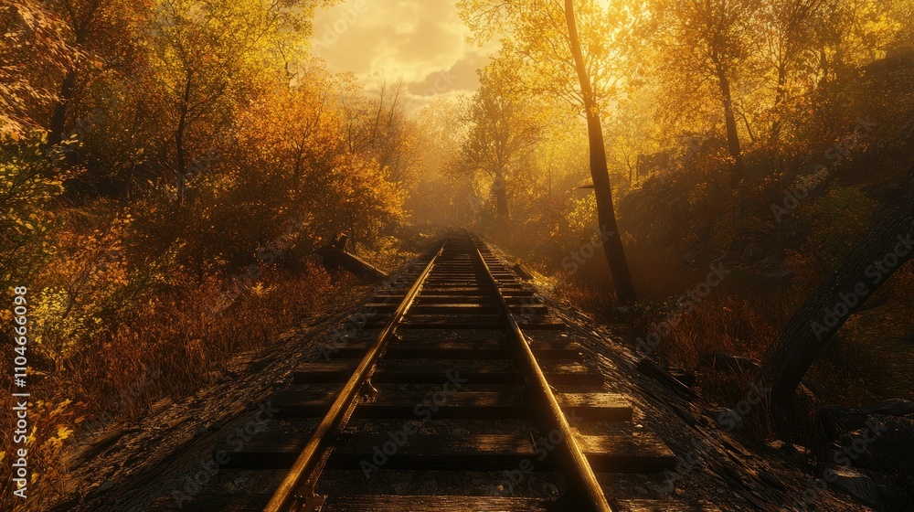 Poster golden sunlight pours over weathered train tracks nestled in a peaceful forest, the silhouette of di
