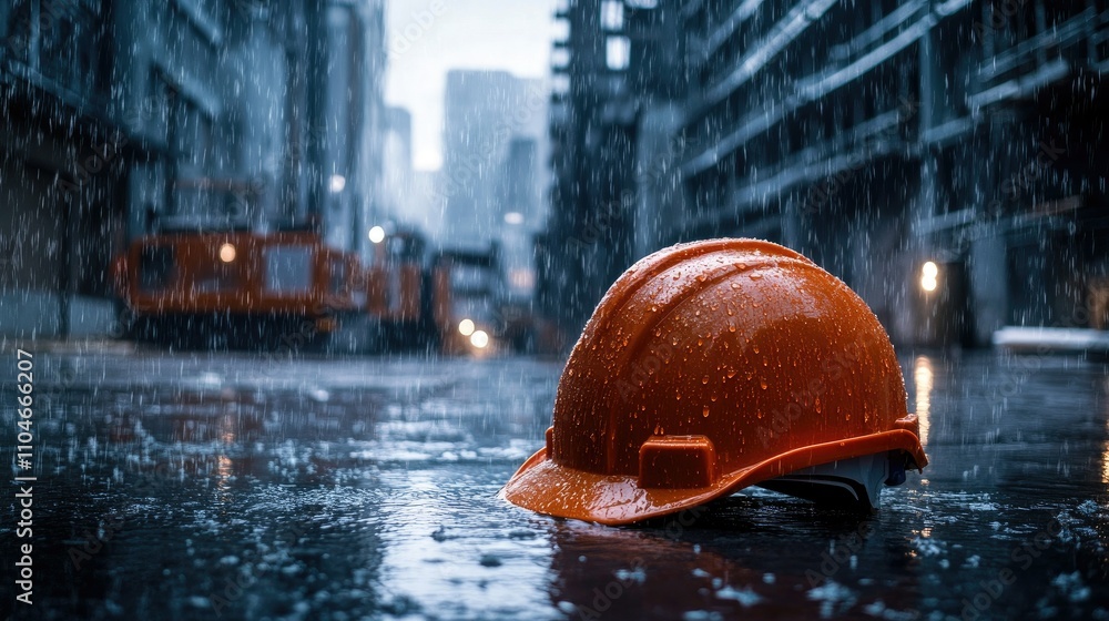 Poster in a rainy cityscape, water splashes off a hard hat as architectural blueprints get drenched, showca