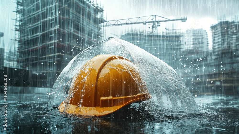 Poster in a rainy cityscape, water splashes off a hard hat as architectural blueprints get drenched, showca