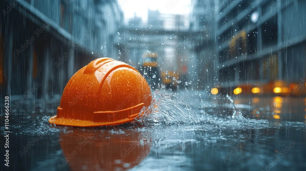 Poster in a rainy cityscape, water splashes off a hard hat as architectural blueprints get drenched, showca